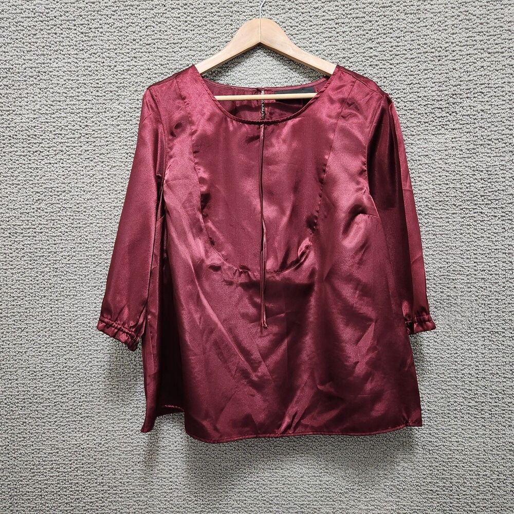 GOODCLOTHES Women's Burgundy Satin Tie Front Blouse Top 3/4 Sleeve Size 1X